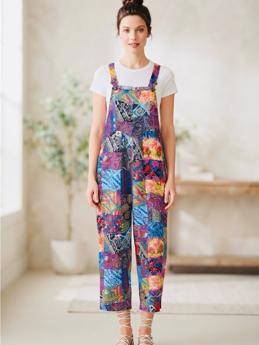 Multicolor Patchwork Print Women's Overalls Cotton with Pockets Size Large